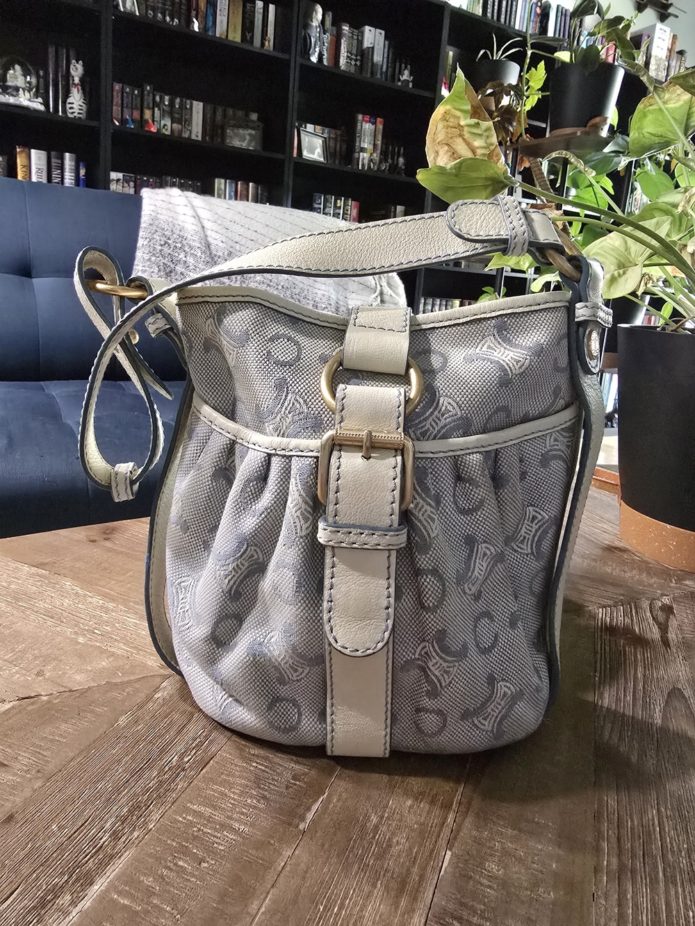 Authentic Vintage CELINE C Macadam Canvas Shoulder Bag Blue White w/ COA